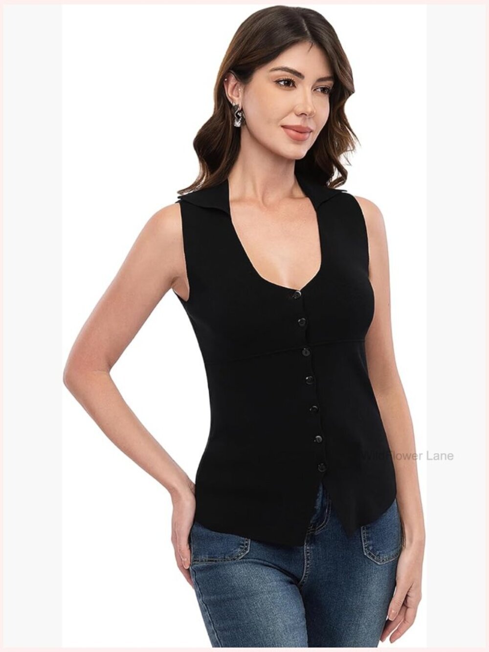 Collar V Neck Vest Top Sleeveless Button Down Blouse